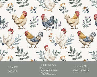 Puede incluir: Un patrón sin costuras con ilustraciones de acuarela de pollos y ramitas de flores. Los pollos se representan en varios colores, incluyendo blanco, marrón, azul y amarillo. Las ramitas de flores están en tonos de azul, verde y marrón.
