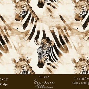 May include: A seamless digital pattern featuring watercolour-style zebra heads in shades of brown and cream. The design includes text reading ZEBRA Seamless Pattern, 12 x 12 inches, 300 dpi, 1 x png file, and 3600 x 3600 px at the bottom.