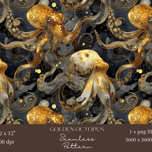 Puede incluir: Un patrón sin costuras con pulpos dorados sobre un fondo azul oscuro. Los pulpos tienen detalles intrincados y un acabado dorado metálico. El diseño incluye el texto "GOLDEN OCTOPUS Seamless Pattern" y dimensiones de 30.48 x 30.48 cm.