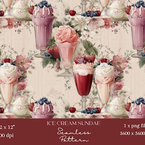 1 x Helado vintage con patrón digital sin costuras, tela de postre retro con batido, papel tapiz estilo shabby chic, dulce sublimación