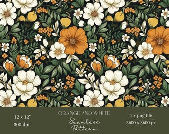 1x Orange White Flowers Digital Paper Seamless Pattern Repeating File for Fabric Scrapbooking Digital Background Sublimation Pattern Journal