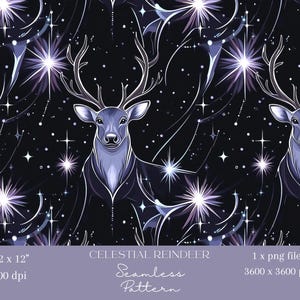 1x Carta digitale con motivo senza cuciture di cervo celeste, renna mistica per carta da parati, tessuto da imballaggio, sfondo digitale colorato per scrapbooking