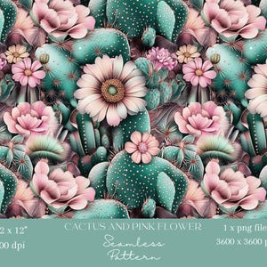 1x Fondo de pantalla con patrón digital repetitivo sin costuras de cactus verde y flores rosas, diseño digital de fondo de tela con flores del desierto botánico