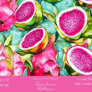 1x Papel digital sin costuras con diseño de fruta del dragón, color rosa y verde, para acuarela, para álbumes de recortes, fondo digital, para sublimación, imprimible