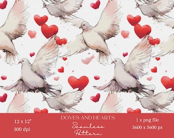1x Love Dove Seamless Pattern, Birds with Hearts Digital Paper, Romantic Repeat Tile Valentine Fabric Sublimation