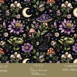 1x Carta da parati digitale con motivo mistico a forma di rana e fungo, tessuto di carta da parati con foresta celeste, sfondo digitale, motivo ripetuto per scrapbooking