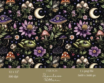 1x mystischer Frosch-Pilz-nahtlose Muster-Digital-Papier-Stoff-himmlische Wald-Tapete-Digital-Hintergrund-rapportierendes Muster Scrapbooking