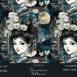 Può includere: Motivo senza cuciture con una geisha con capelli elaborati e decorazioni floreali. Il design include uno sfondo blu scuro con fiori bianchi, farfalle e una luna. L'immagine è di 30,48 x 30,48 cm a 300 dpi.