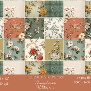 Puede incluir: Un diseño de patchwork floral con una cuadrícula de varios patrones de flores. El diseño incluye rosas, hortensias y otros elementos florales en tonos de rosa, amarillo y verde. El texto dice "12 x 12", "FLORAL PATCHWORK" y "Seamless Pattern".