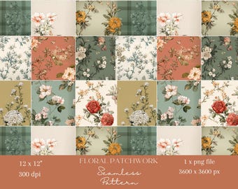 1 x Vintage Floral Patchwork Seamless Digital Pattern Retro Botanical Quilt Design for Wallpaper, Fabric, Wrapping Paper, Sublimation