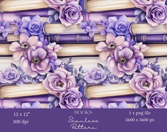 1x Purple Books and Roses Seamless Pattern Library Digital Paper Wallpaper Fabric Wrapping Digital Books Lover Background Scrapbooking