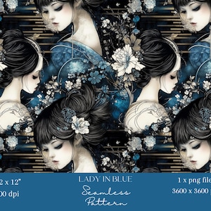 Può includere: Motivo senza cuciture con un design ripetuto di una donna con capelli neri e accenti floreali blu, bianchi e oro. Il testo "LADY IN BLUE" e "Seamless Pattern" sono visibili. Le dimensioni dell'immagine sono 30,48 x 30,48 cm e 3600 x 3600 px.