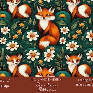 1x Volpi carine in margherite Carta digitale Tessuto animale Modello senza cuciture Scrapbooking Floreale Sfondo digitale Verde Arancione Modello naturale