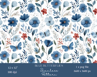 1x Blue Floral Butterfly Seamless Pattern, Cottagecore Wildflowers Digital Paper, Nature Repeat Tile Botanical Fabric Sublimation