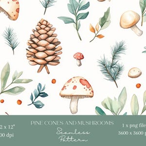 1 x Pommes de pin et champignons papier numérique tissu motif transparent papier scrapbooking fond numérique motif sublimation journal indésirable