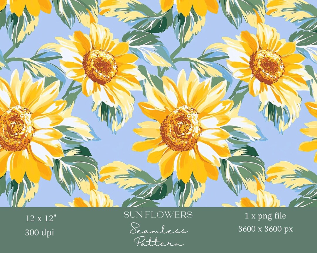 1x Seamless Sunflower Digital Pattern Yellow Floral Print on Blue ...
