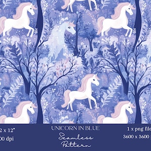 1x Unicorno bianco su carta digitale senza soluzione di continuità con alberi blu – Motivo da fiaba per carta da parati per bambini, tessuto, scrapbooking, sublimazione e artigianato