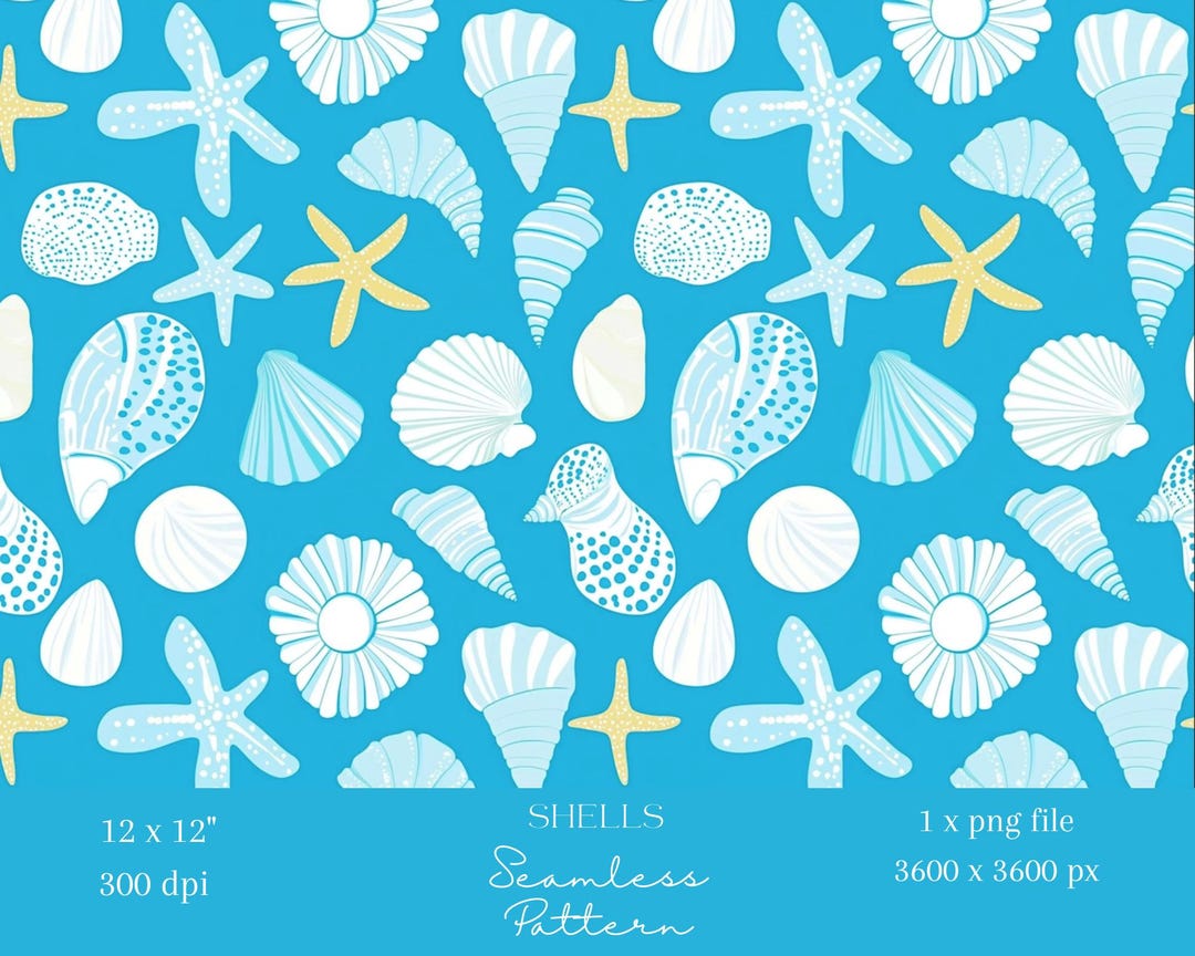 1x Blue Sea Shells Sea Life Digital Paper Repeat Fabric Seamless ...