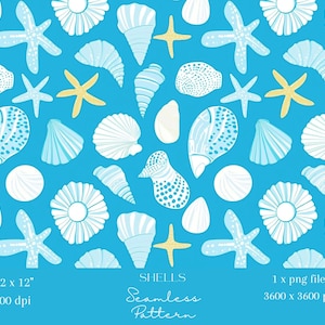1x Papel digital de conchas marinas azules con vida marina, patrón sin costuras repetido en tela, fondo digital de sublimación con vida marina