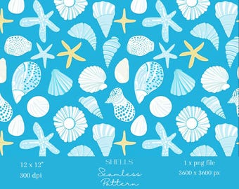 1x Blå snäckskal Havsliv Digitalt papper Repetera tyg Sömlöst mönster Scrapbooking Havsliv Digital bakgrund Sublimeringsmönster