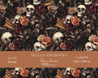 1x Skulls Roses & Books Digital Paper Seamless Pattern Scrapbooking Paper Digital Background Sublimation Pattern Junk Journaling printables