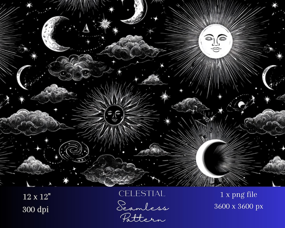 1x Mystical Sun & Moon Seamless Digital Pattern Celestial Night Sky ...
