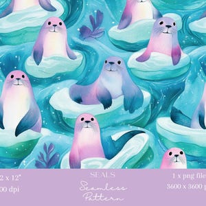 1x Seals on Icebergs Seamless Pattern Children Digital Repeating File Animal Wallpaper Fabric Nursery Print Blue Background Digital Design