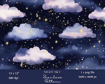 夜空の雲と星のデジタルペーパー生地シームレスパターンスクラップブッキング暗いデジタル背景子供部屋パターン昇華プリント1個