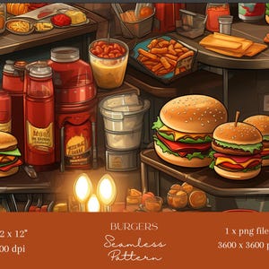 May include: A seamless pattern featuring a variety of fast food items, including burgers, fries, and ketchup bottles. The pattern is set against a background of a kitchen counter with various food preparation items.