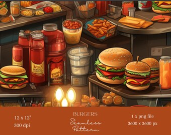 1x Burgers seamless Pattern Food Digital Paper Fabric Seamless Pattern Digital Background Fabric Sublimation Pattern Printables