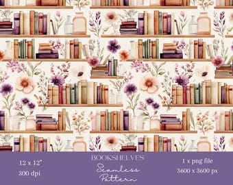 1x Bookshelves & Lilac Flowers Digital Paper Fabric Floral Seamless Pattern Scrapbooking Paper Digital Background Books Sublimation Pattern