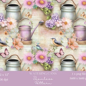 1x vintage digitaal patroon gieter, vogels en bloemen naadloos patroon herhalend bestand voor stof scrapbooking digitale sublimatie