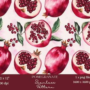 May include: A seamless pattern featuring watercolor illustrations of red pomegranates with green leaves and small red berries. The pattern is 12 inches by 12 inches and 300 dpi.