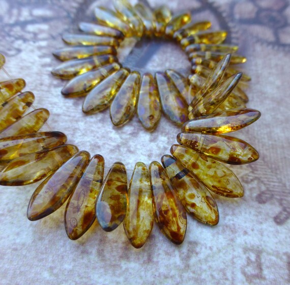 50 3x11mm Czech Glass Dagger Beads Coated Marea Blue//Gold