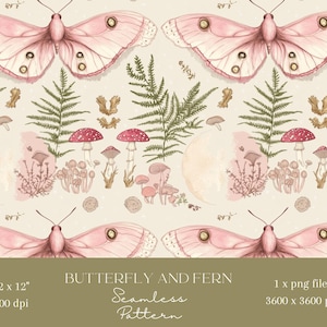 1x Rosa Motte Schmetterling und Farn Digitales Papier Nahtloses Muster Scrapbooking-Papier Digitaler Hintergrund Sublimation Junk Journaling printable