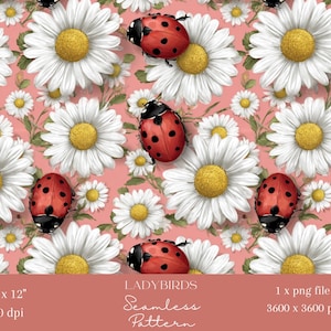 May include: A seamless pattern of white daisies with yellow centres and red ladybirds with black spots on a pink backdrop. The text "LADYBIRDS Seamless Pattern" is displayed.