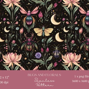 May include: A seamless pattern featuring a dark background with intricate floral designs, glowing moons, and various insects, including beetles, butterflies, and stag beetles. The pattern is rendered in a detailed, almost watercolor-like style, with vibrant colors and intricate details.