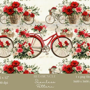 1x Carta da parati digitale con motivo floreale di bicicletta rossa, modello senza cuciture con cesto di fiori, tessuto, carta da regalo, sfondo digitale