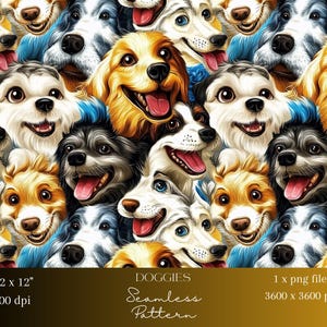May include: A seamless pattern featuring a variety of dog breeds with happy expressions. The dogs are all different colors and have different fur types. The pattern is perfect for use in fabric, wallpaper, or other decorative applications.