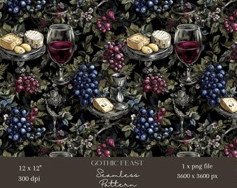 1x Gothic Feast Seamless Pattern Cottagecore Food Repeat File Moody Vineyard Fabric Luxurious Baroque Wallpaper Wine and Cheese Sublimation