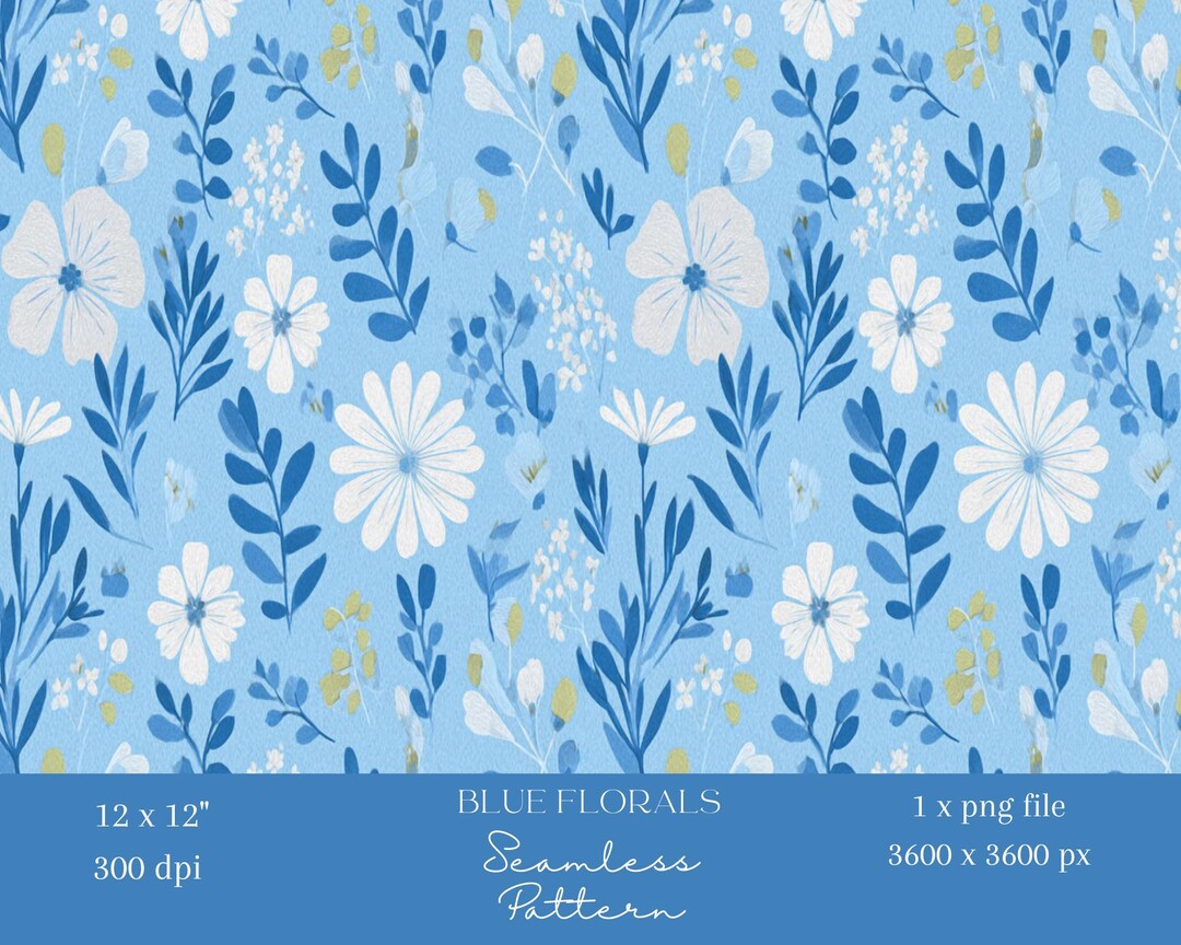 1x Blue White Floral Seamless Pattern Digital Paper Daisy Flower ...