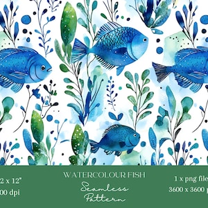 May include: Seamless pattern featuring watercolor illustrations of blue fish swimming amongst green and blue aquatic plants on a white background. The pattern is 12 inches by 12 inches and 300 dpi.