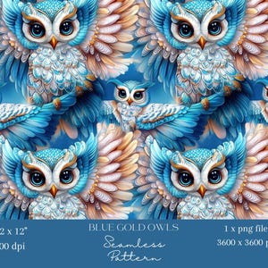 1x Blau Gold Eule Nahtlose Muster Nacht Vogel Digitale Wiederholungsdatei Blau weiß Tapete Stoff Voliere Druck Hintergrund Digitales Design