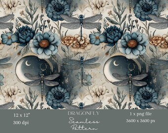 Könnte beinhalten: Nahtloses Muster mit Libellen, Blumen und Himmelselementen in Blau, Beige und Grau. Das Design umfasst detaillierte Illustrationen von Libellen, Blüten und Monden. Das Muster ist 30,48 x 30,48 cm bei 300 dpi.