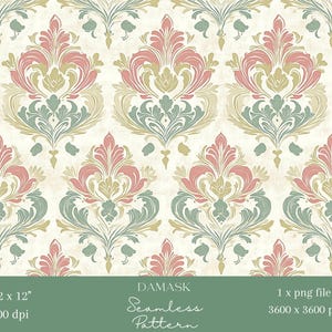Könnte beinhalten: Ein nahtloses Damastmuster mit sich wiederholenden floralen Ornamenten in gedecktem Rosa, Salbeigrün und Creme auf einem strukturierten cremeweißen Hintergrund. Das Bild enthält den Text DAMASK, Seamless Pattern, 12 x 12, 300 dpi, 1 x png file, 3600 x 3600 px.