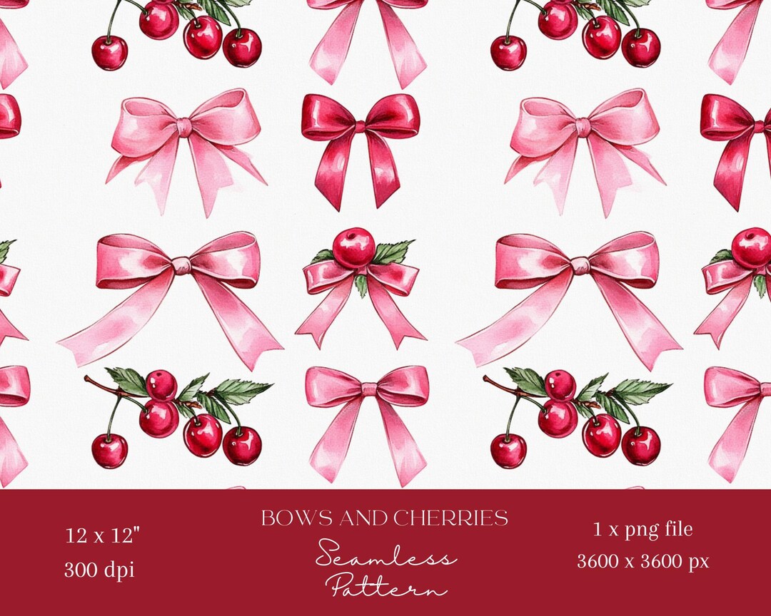 1x Pink Bows and Berries Valentine Seamless Pattern Repeating File ...