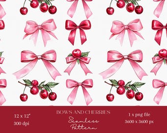 1x Pink Bows and Berries Valentine Seamless Pattern Repeating File Fabric Print Scrapbooking Digital Background Digital Paper Sublimation