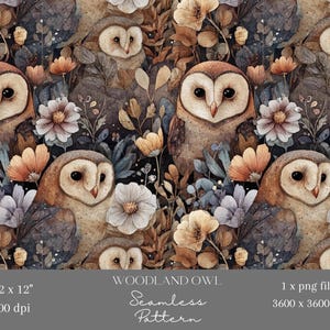 Könnte beinhalten: Ein nahtloses Muster mit Aquarell-Eulen, Blumen und Blättern in Braun-, Beige- und Blautönen. Das Design umfasst verschiedene Eulen- und Blumengrößen und -anordnungen, die ein Waldthema schaffen. Das Bild ist 30,48 x 30,48 cm bei 300 dpi.