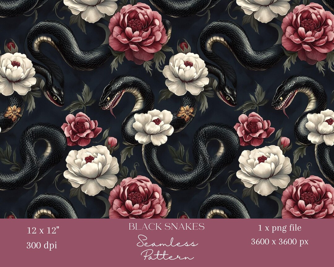 1x Seamless Dark Snake & Floral Pattern – Gothic Digital Paper for ...