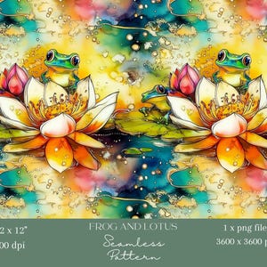 1x Aquarelle Grenouille & Fleur De Lotus Motif Sans Couture Papier Numérique Tissu Papier Peint Fantastique Fond Numérique Motif Répétitif